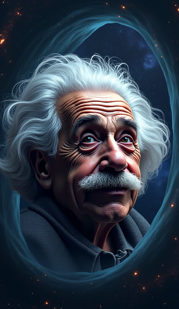 Logo " endless ", Illustration of human stupidity and greed, Einstein's deformed image, background galaxy, Black Hole, Graphics CG Digital Artwork