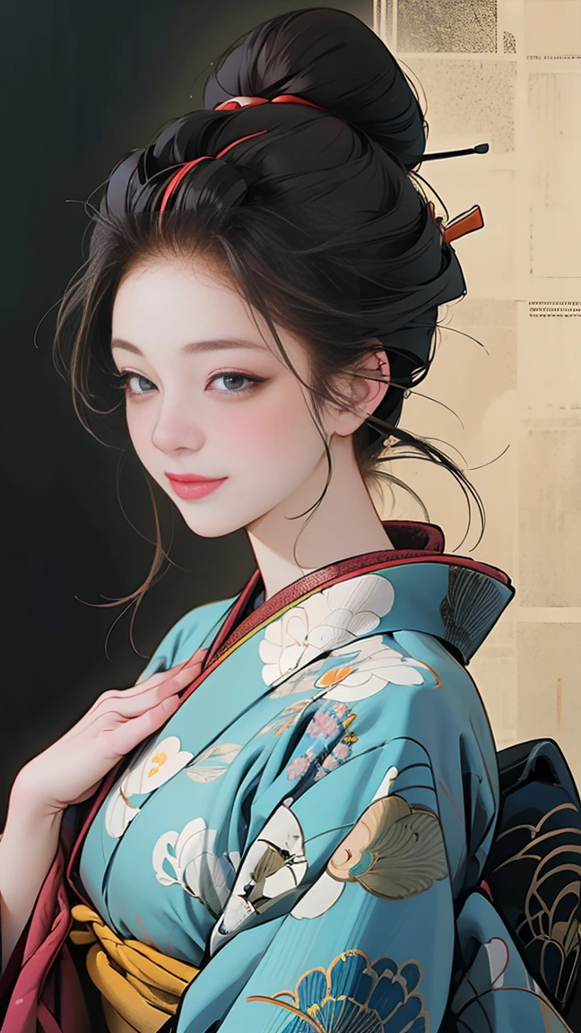(SeaArt creates stunning digital illustrations of beautiful women in kimono)、A beautiful woman smiles and shows her upper white teeth、Vividly colored digital illustrations reminiscent of Ukiyo-e、Brown-black long hair、Beautiful full body style、If you want to dance, dance along to the Tokyo Ondo, Yoi Yoi、Beautiful new digital paintings,、 Beautiful anime portraits、The background is the shrines and temples of Kyoto、Detailed digital anime art、