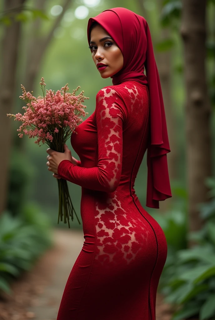 Hijab Malaysia . Sexy pose. Long maxi dress. Big breast. Bokeh 200mm shoot. At garden . Half body portrait. Holding bunch of flowers. Very sexy body type. Tight dress. Panties line on dress. Very big ass. Lace dress. Red dress