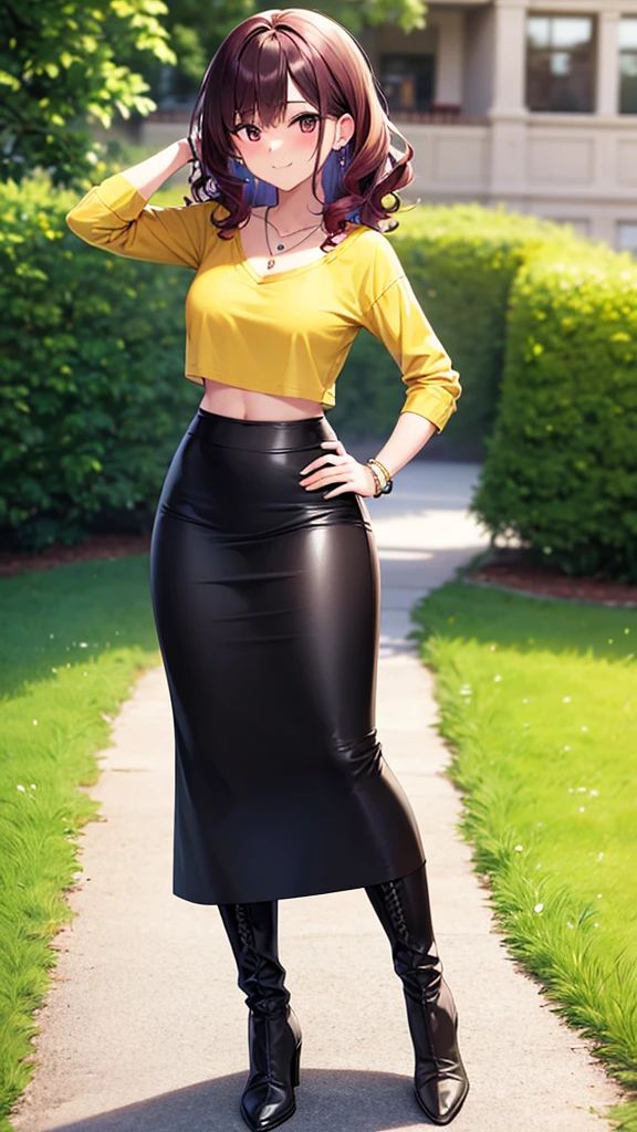 masterpiece, best quality, 1girl, beautiful woman with wavy hair, medium hair, (burgundy hair), hair curls, messy hair, average bust, (wearing yellow t-shirt and long black pencil skirt), long sleeves, fitting shirt, tight clothes, long skirt:1.3, boots, collarbone, midriff, necklace, earrings, bracelet, summer, garden, looking at viewer, full body, light smile, full-face blush, hand on own hip,