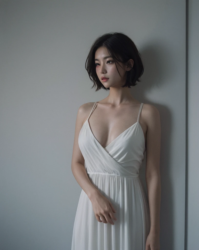 Best quality, masterpiece, ultra high res, (photorealistic:1.5), raw photo, 1girl, white long dress, in the dark, deep shadow, low key, cold light, sexy look, short hair