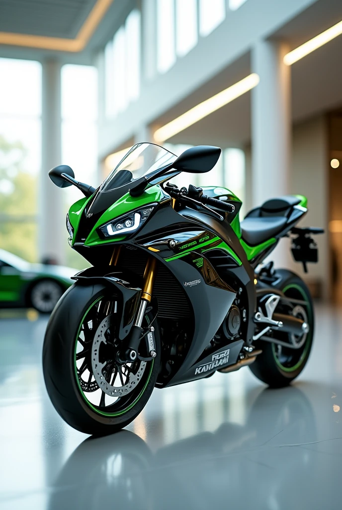 1 kawasaki ninja black green standing in showroom luxury in white light ultra realistic light 8k quality 