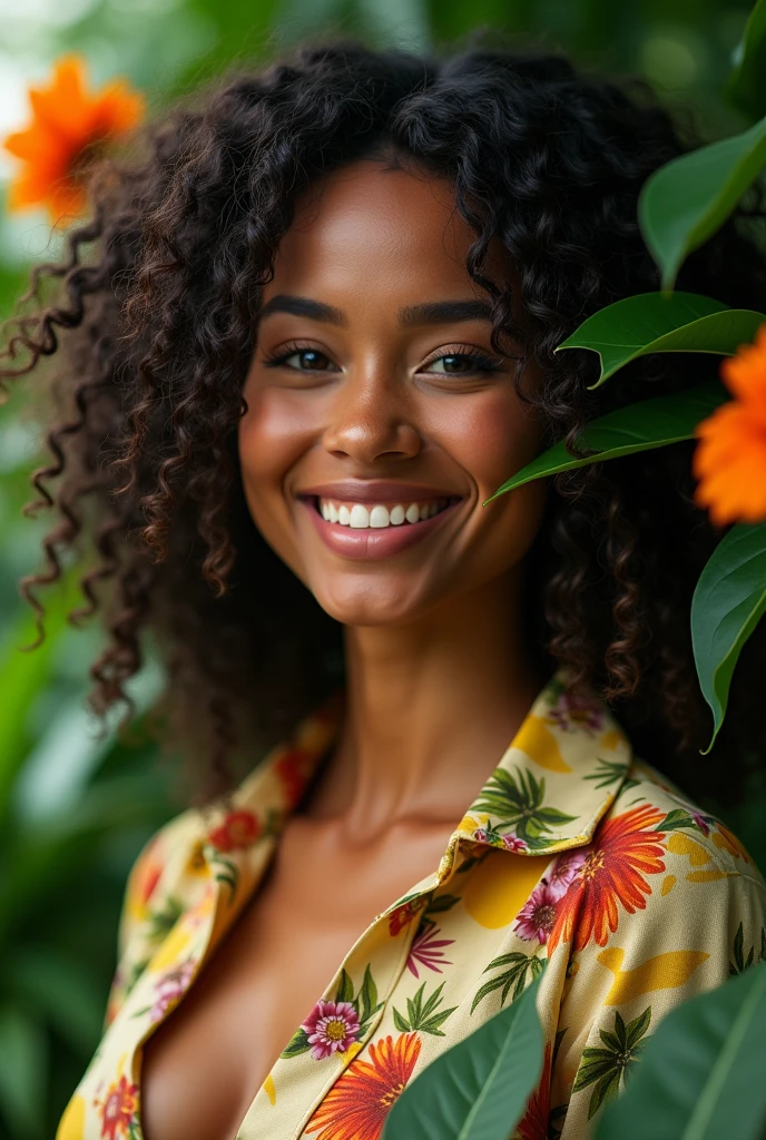 A Brazilian woman in a lush tropical garden, wearing an open shirt with a floral print, with a close-up capturing the harmonious beauty between her breasts and the natural flowers, showing off your natural charm and outgoing personality.