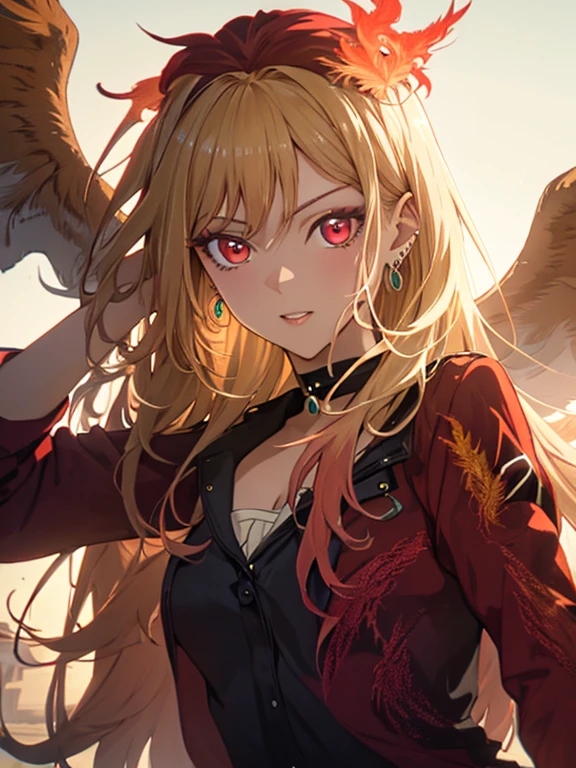 (Phoenix:1.5), Phoenix, Phoenix, Kitagawa Marine, One girl, Blonde Hair, Long Hair, Multicolored Hair, Red eyes, jewelry, Earrings, Earrings, Black choker, uhd, retina, masterpiece, ccurate, anatomically correct, textured skin, super detail, high details, high quality, best quality, highres, 4K