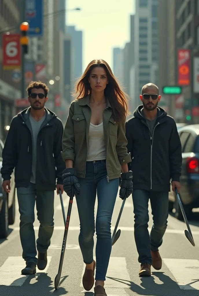 A beautiful 18+ hot girl is walking down the street, two men from behind with two hockey sticks in their hands, approaching the girl,