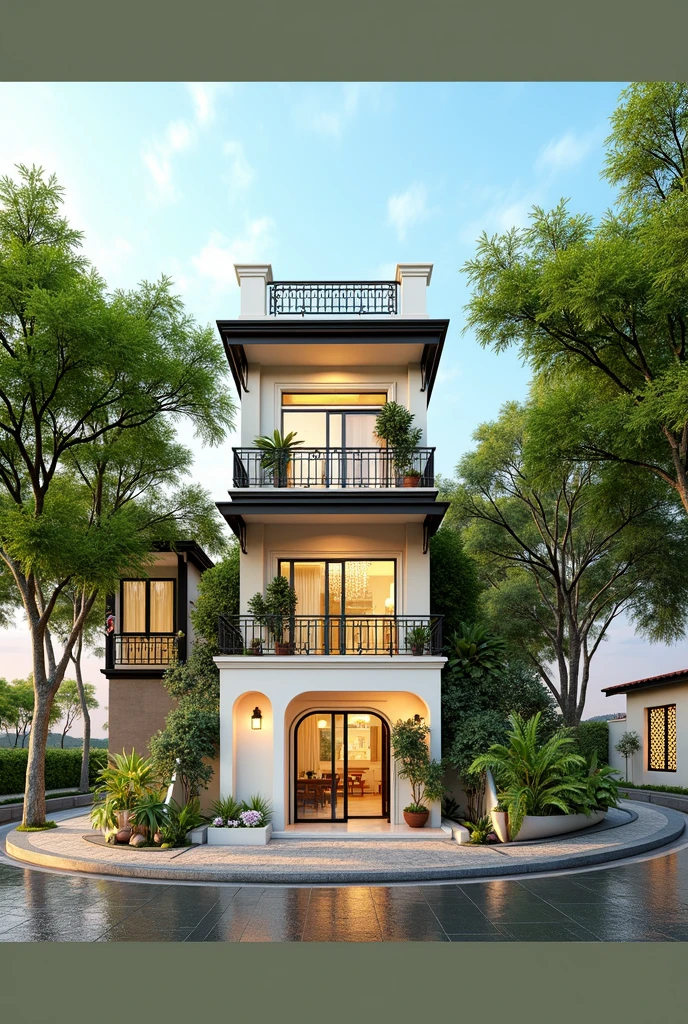 masterpiece, 4k pixels, High quality, Best quality, Realistic, Super detailed, Outdoors, 3 story villa, white wall, road, sidewalk, grass, trees, Sky, clouds , ( daylight:1.1), Increase image clarity, Classic style, Indochina style townhouse,render(Vray:1.1)