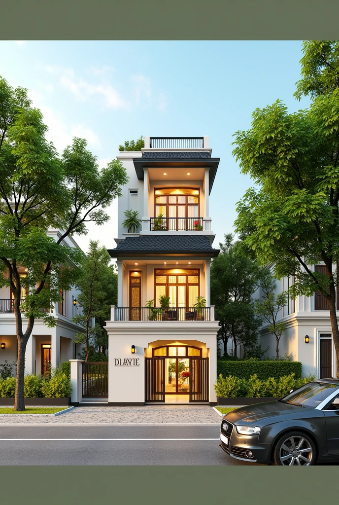 masterpiece, 4k pixels, High quality, Best quality, Realistic, Super detailed, Outdoors, 3 story villa, white wall, road, sidewalk, grass, trees, Sky, clouds , ( daylight:1.1), Increase image clarity, Classic style, Indochina style townhouse,render(Vray:1.1)