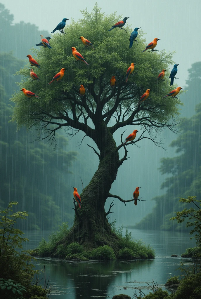 Many birds(many colours)on the branch of tree in rainy day in sad moments background is forest tree , bottom of tree water store in many pond 