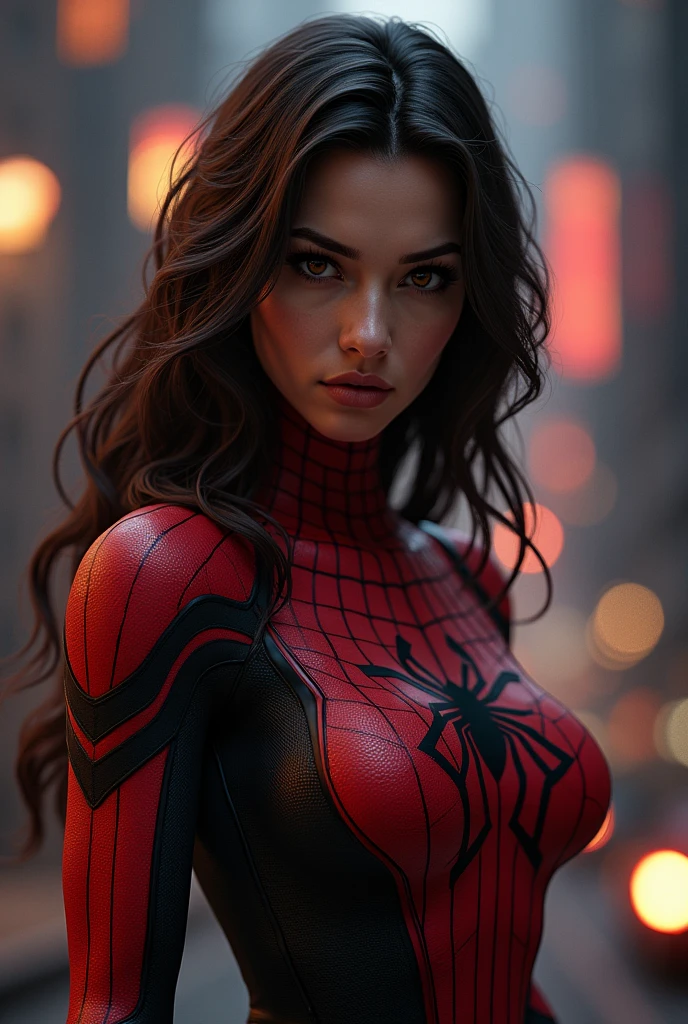 (photorealism:1.2), spider-woman, without wearing mask