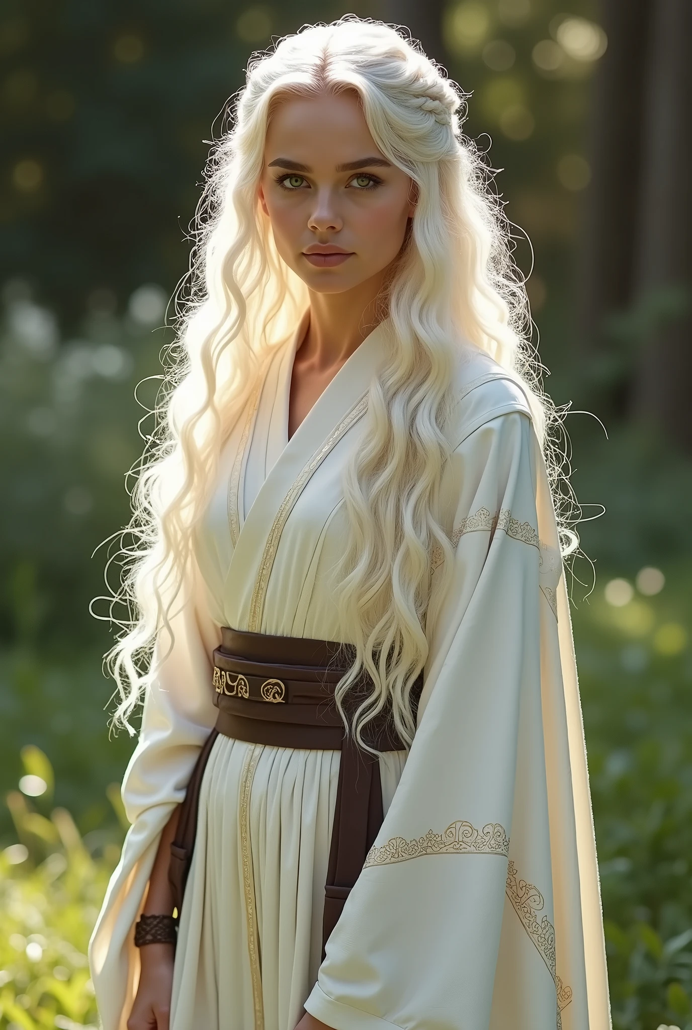 fantasy, Princess Targaryen, waist-high, in the garden, a girl with long curly white hair, a face similar to Natalie Portman, in a white Jedi robe with gold patterns, hd