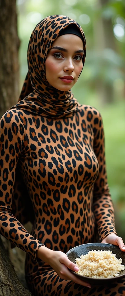 The beautiful,thin and clever asian muslimah adult girl with beautiful cheeks wears javan leopard print lycra footed turtleneck unitard catsuit covered with spots and plains javan leopard lycra elastane stretchy dancewear square hijab amira covered with spots.She is hungry when she eats nasi daging on the tree.