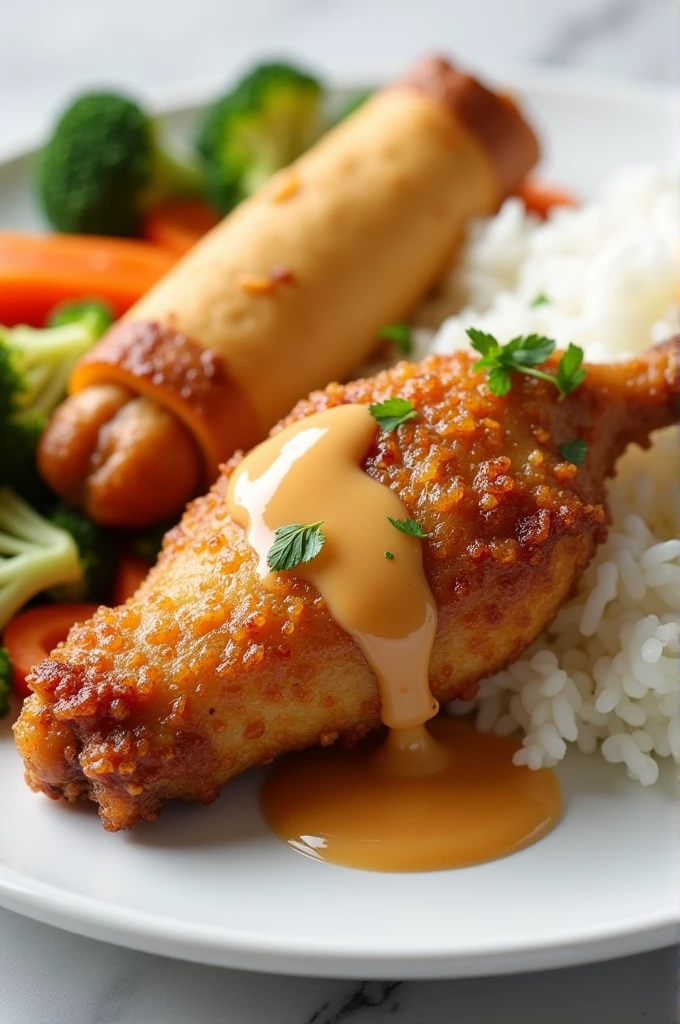 A pan fried chicken wing with lemon sauce, serve with some mixed vegetables, fried egg roll and white rice. 