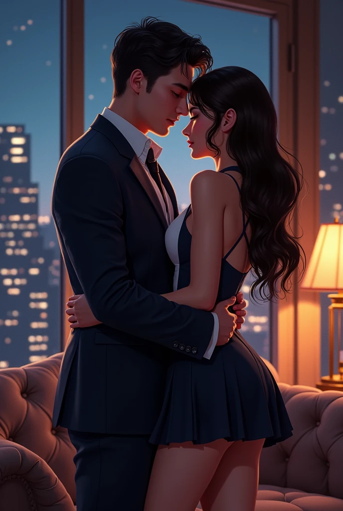 A handsome CEO with his beutiful girlfriend,who is on her highschool hot uniform romancing together with him in his luxury office at night.
While he carefully romantically falls down her hair., laege breasts, Hug from behind.