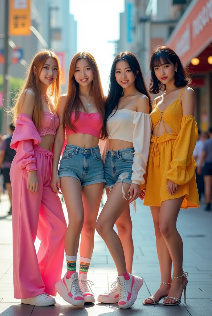 4 female kpop idols are outside (1 person with long, slightly red blonde hair and a European face) (1 the tallest person among them has black hair in a ponytail) (one person with short black hair shoulder length and bangs). (full body photo)they face the camera while posing happily