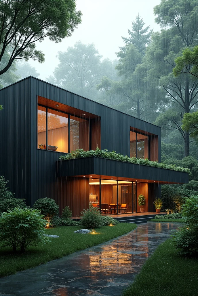 A modern house outside raining in forest hill