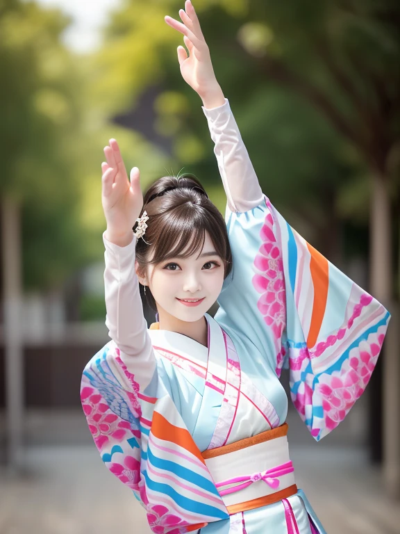 Photo-realistic quality、A 20-year-old Japanese woman dancing the Awa Odori dance、Traditional Bon Odori costumes based on white, White Arms、 White traditional costume, Japanese model, Cute playful pose of the dancer, Beautiful images, Traditional Costume、looking at the camera、Detailed and beautiful eyes、Cute smile、A soft and gentle look