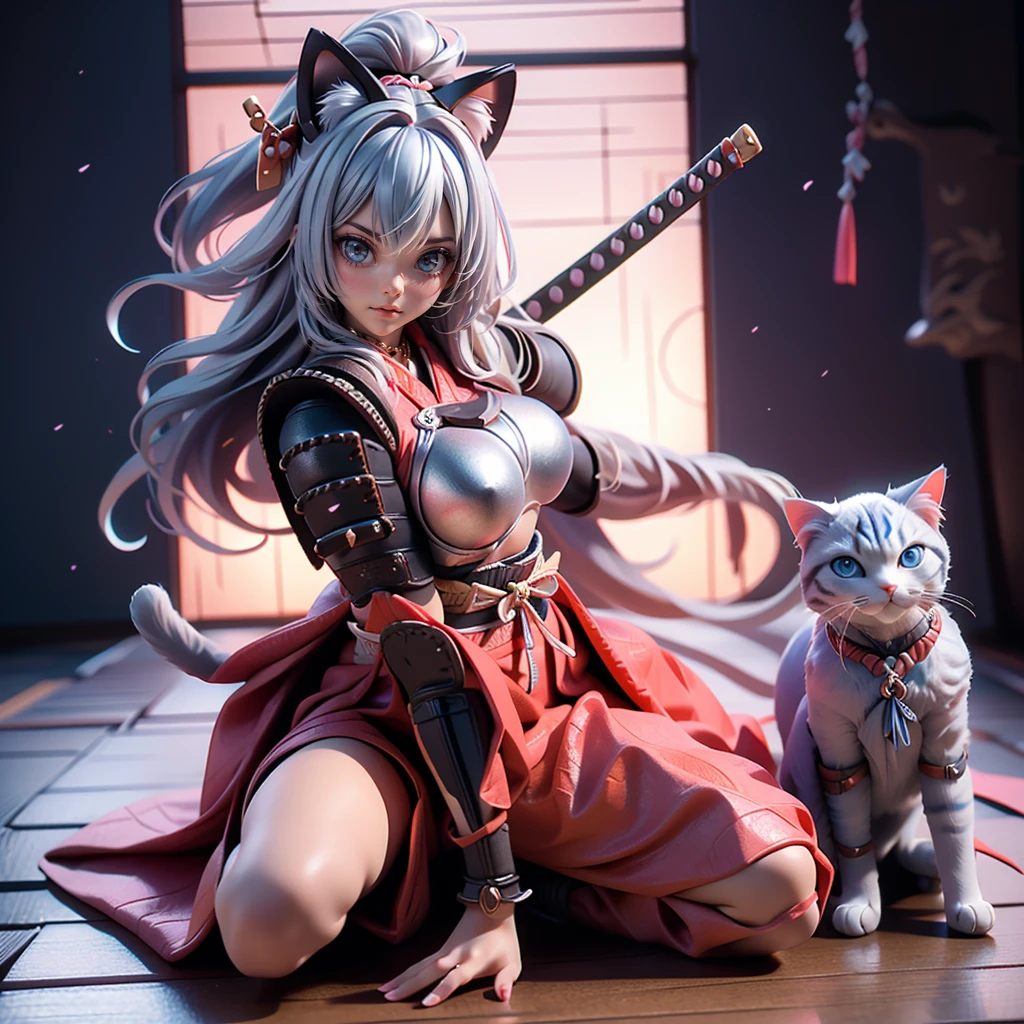 Moisturized Skin, (blue eyes), Realistic body, (Adult female body), Energetic, 3DCG, front, Pink lipstick, (Silver Hair), ((Cat ear)), Beautiful Hair, Long Hair, ponytail, Open the chest, (((Samurai Armor: 1.4))), ((masterpiece + Highest quality + High resolution + Very detailedな)), (whole body: 1.2), Raise your right knee, A fine Japanese sword on his waist, Perfect fingers, Perfect limbs, Depiction from above, Anatomically correct, Textured skin, Very detailed,