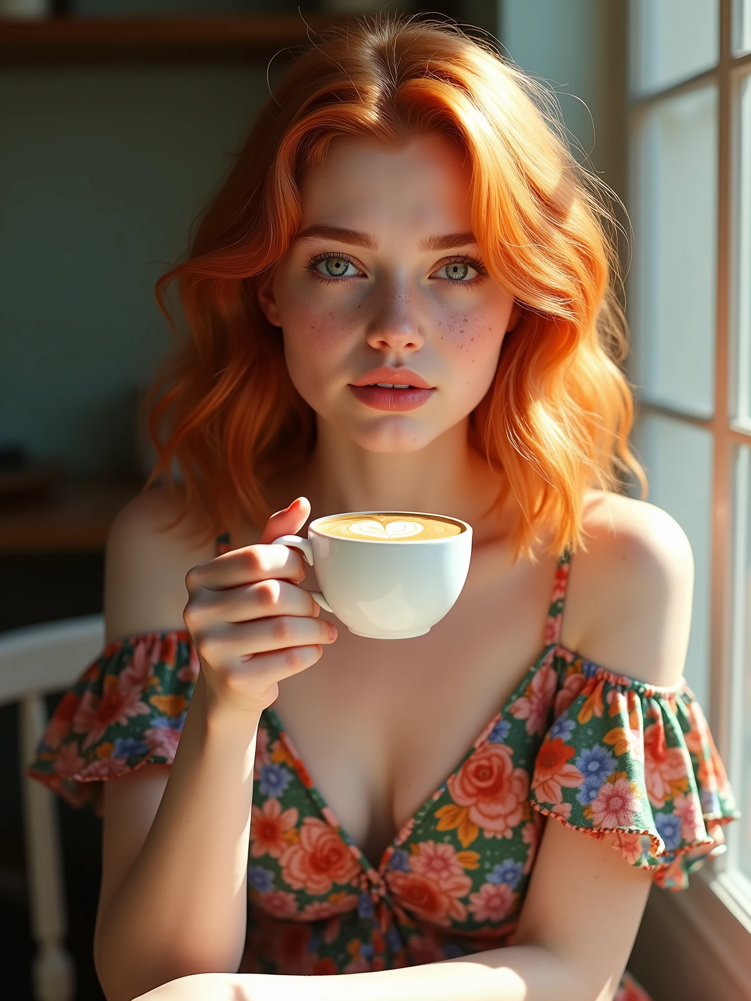 1 girl, age 19, full body pose, wearing colorful floral pattern sundress, complex details, hyperdetailed, aesthetic artwork, irish redhead, wavy ginger hair, shoulder length hair, grey eyes, some small freckles, pale skin, (textured skin, skin pores:1.1), (moles:0.8), imperfect skin, goosebumps, sitting down having coffee, drinking coffee, (extremely detailed 8k wallpaper), soft lighting, high quality, film grain, Fujifilm XT3 sharp focus, f 5.6, 50mm, High Detail, Sharp focus,(natural light)