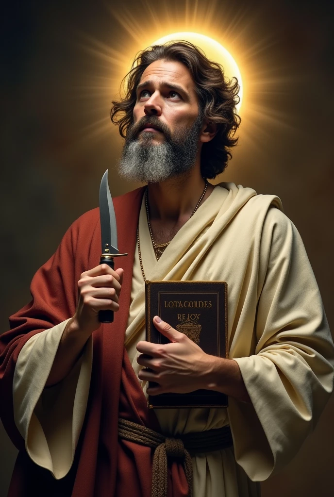cinematic image, high resolution of a holy man with a beard, short brown and gray hair, wearing a tunic like Jesus&#39;, the tail of his tunic reaches his neck.Holds a small knife in one hand/medium with curved blade, in another a holy book. The man has a halo. His face expresses pity