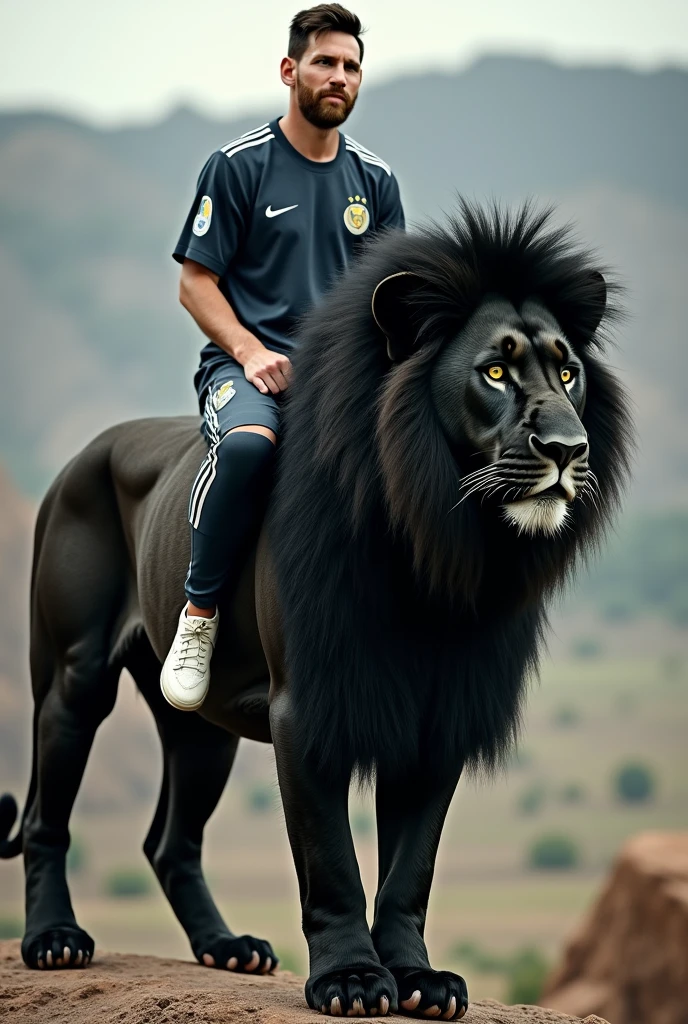 Messi sitting on a lion.The black lion was standing.
