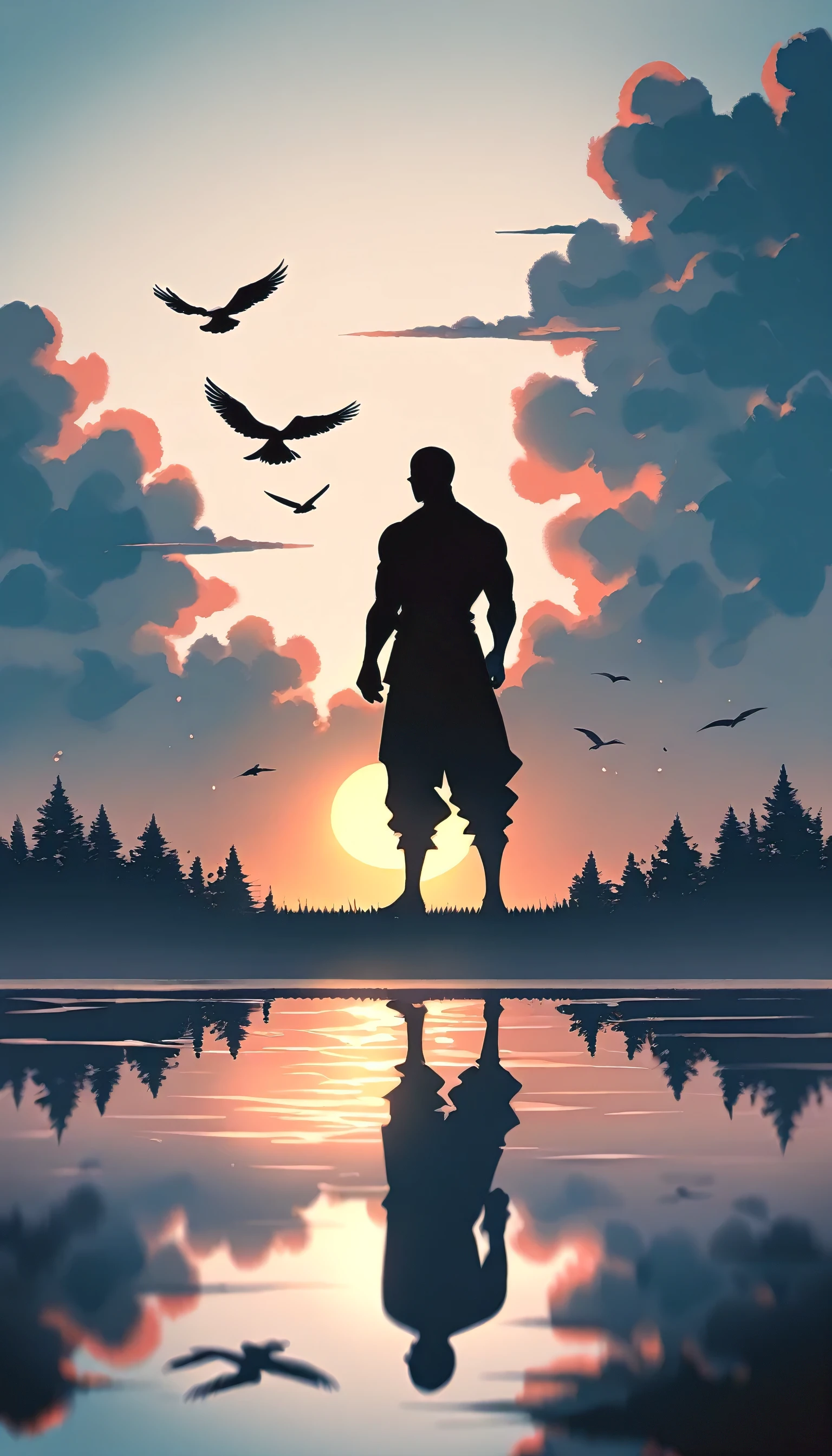 A man in a black bodysuit stands in the smoke, Priapus, Dark Black, Dark black skin, Buzz Cut, His muscles are very developed, Very tall, short hair, Blend into the smoke, Lake, Reflection, Sunset, Sunset, Bird, plum bossom, Man silhouette, Chinese, black and white, Simple style