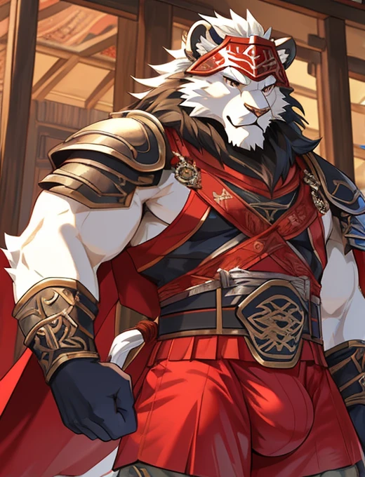 Brave, Great and noble lion samurai warrior,(Whole body white fur), Wearing very detailed red samurai armor,(((Very attractive groin bulge)))He wears a red mask on his head that resembles a demon.&#39;horn., Sengoku period,He is holding a black and gold fan, Highly detailed background, Cherry blossoms blowing in the wind, 完璧なmasterpiece, high quality, High resolution writing boundary depth, Perfect lighting, (Particles of light),(最high quality),(masterpiece),(Ultra Deshipped),Sharp focus,Particles of light