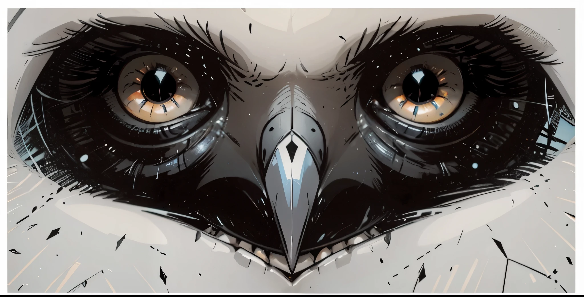 there is a close up of a bird with a very big eye, falcon bird face, very large eyes. symmetry, sparkling bird eyes, intense stare, with symmetrical head and eyes, large dark eyes, intimidating stare, heavy - lidded eyes, symmetric eyes, intelligent eyes. symmetrical, large entirely - black eyes, large entirely-black eyes, 1950s poster style, vector-art(cyberpunk) Flat colors, close up