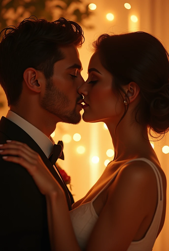 a romantic kiss between two people, detailed facial features, beautiful eyes, long eyelashes, soft lips, tender embrace, passionate expression, cinematic lighting, warm color tones, intricate details, masterpiece, photorealistic,