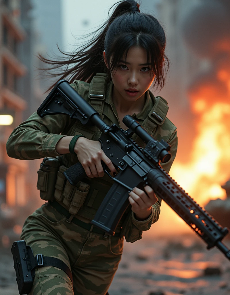 Photo-realistic, ultra-realistic, (very beautiful Japanese, famous Japanese idol:1.3), (Fully equipped for battle:1.5), holding m4a1 large assault rifle, (amazing view of A building and tank destroyed by a missile explosion:1), (she is very scared and crying:1), (wearing an army soldier's Camouflage outfits with military helmet:1.5), (at a battle field of Abandoned Building at night), very large breasts, (tactical vest, military harness:1.3), (military long boots:1), acrobatic pose, Fighting urban warfare, dynamic angle, spectacular, Nimble movements, Sharp turns, (aim and shoot:1.3)