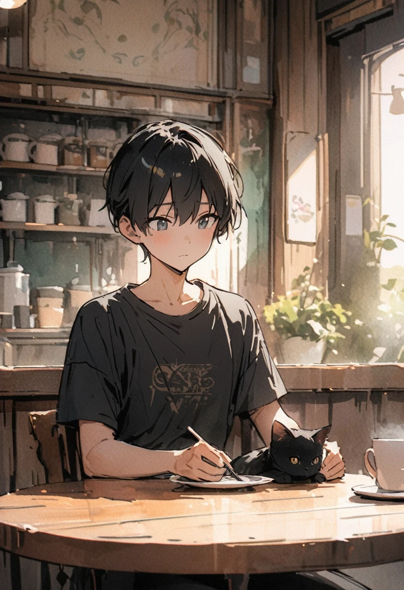 masterpiece,最high quality,Very detailed,High resolution backgrounds,8k,there is nothing,high quality,break,japanese manga style, sketch, Watercolor Colors,Cafe with a nice atmosphere,antique interior,Stylish interior,Boy sits,1 person,A simple black t-shirt,is stroking a black kitten on the table,slowly,relax,coffee,