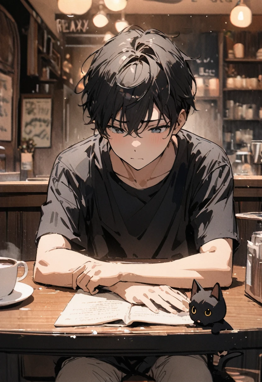 masterpiece,最high quality,Very detailed,High resolution backgrounds,8k,there is nothing,high quality,break,japanese manga style, sketch, Watercolor Colors,Cafe with a nice atmosphere,antique interior,Stylish interior,Boy sits,1 person,A simple black t-shirt,is stroking a black kitten on the table,slowly,relax,coffee,