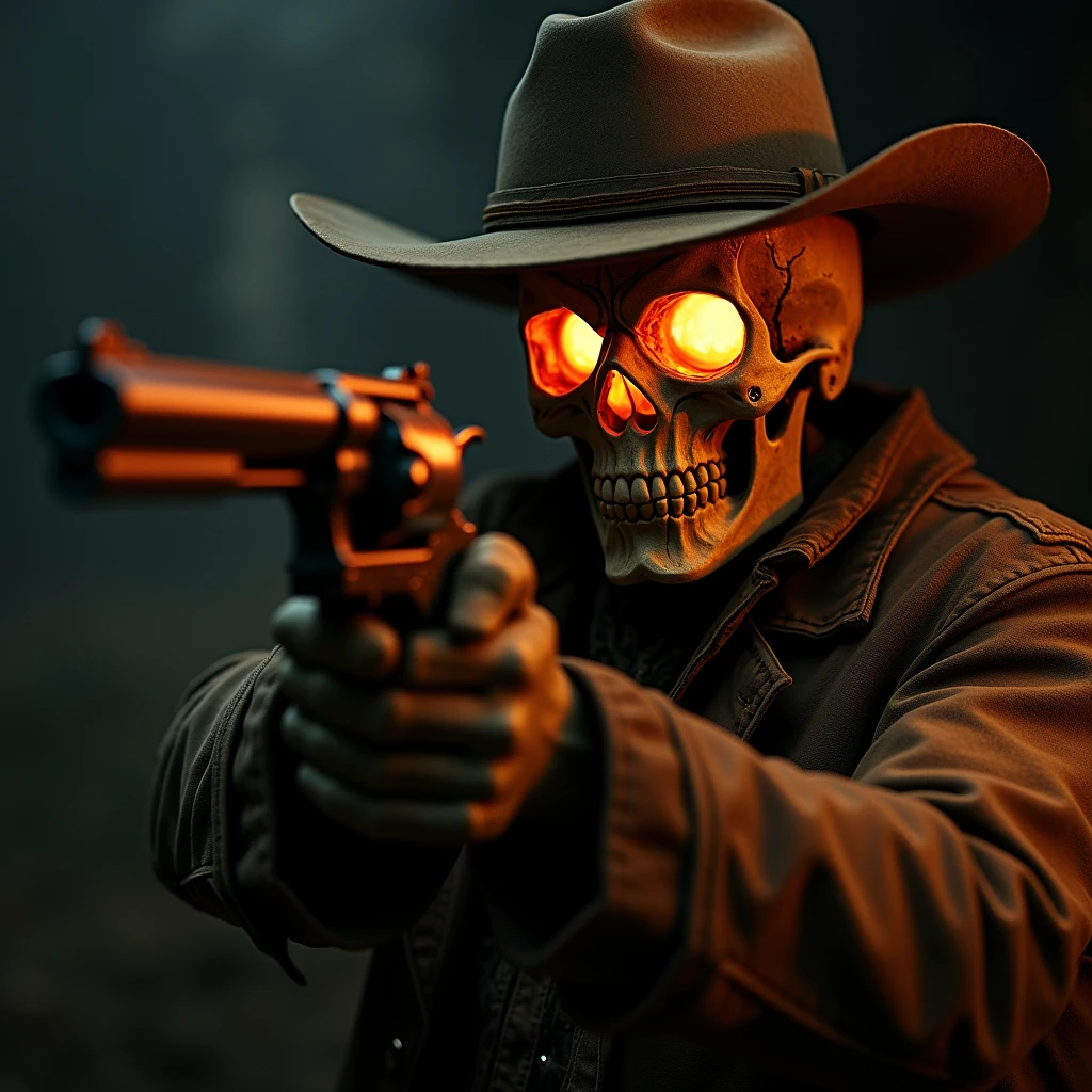 {{{masterpiece}}}, {extremely delicate and beautiful}, (solo:1.5), (best quality:1.2), (ultra high res, photorealistic, raw photo:1.4), 8k, Cinematic Lighting, beautiful lighting, professional lighting, physically-based rendering, photon mapping, radiosity, detailed and intricate, detail face,  1 guy, {ghost rider}, wearing cowboy clothing and a dust jacket and also has a flaming revolver, flaming skull, skeleton, aiming down sights,iron sight, dark background 