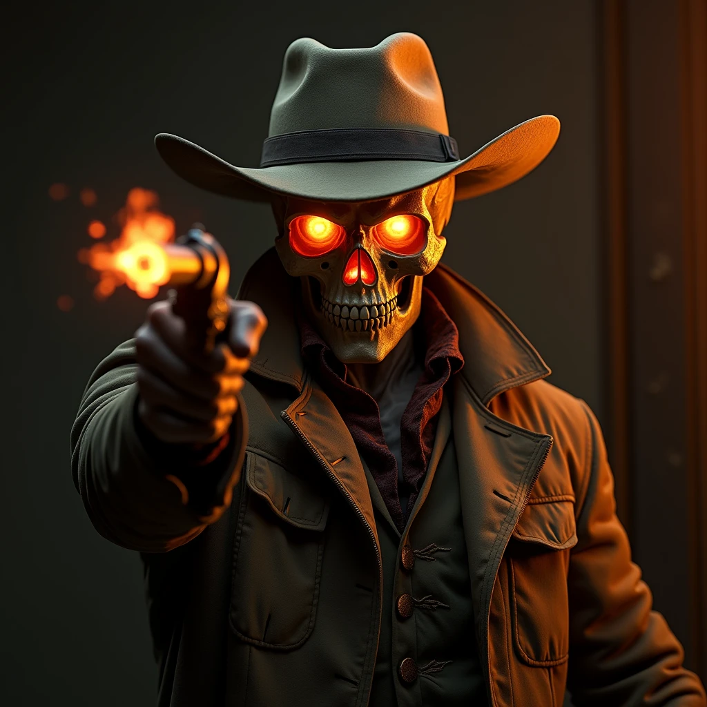 {{{masterpiece}}}, {extremely delicate and beautiful}, (solo:1.5), (best quality:1.2), (ultra high res, photorealistic, raw photo:1.4), 8k, Cinematic Lighting, beautiful lighting, professional lighting, physically-based rendering, photon mapping, radiosity, detailed and intricate, detail face,  1 guy, {ghost rider}, wearing cowboy clothing and a dust jacket and also has a flaming revolver, flaming skull, skeleton, aiming down sights,iron sight, dark background 