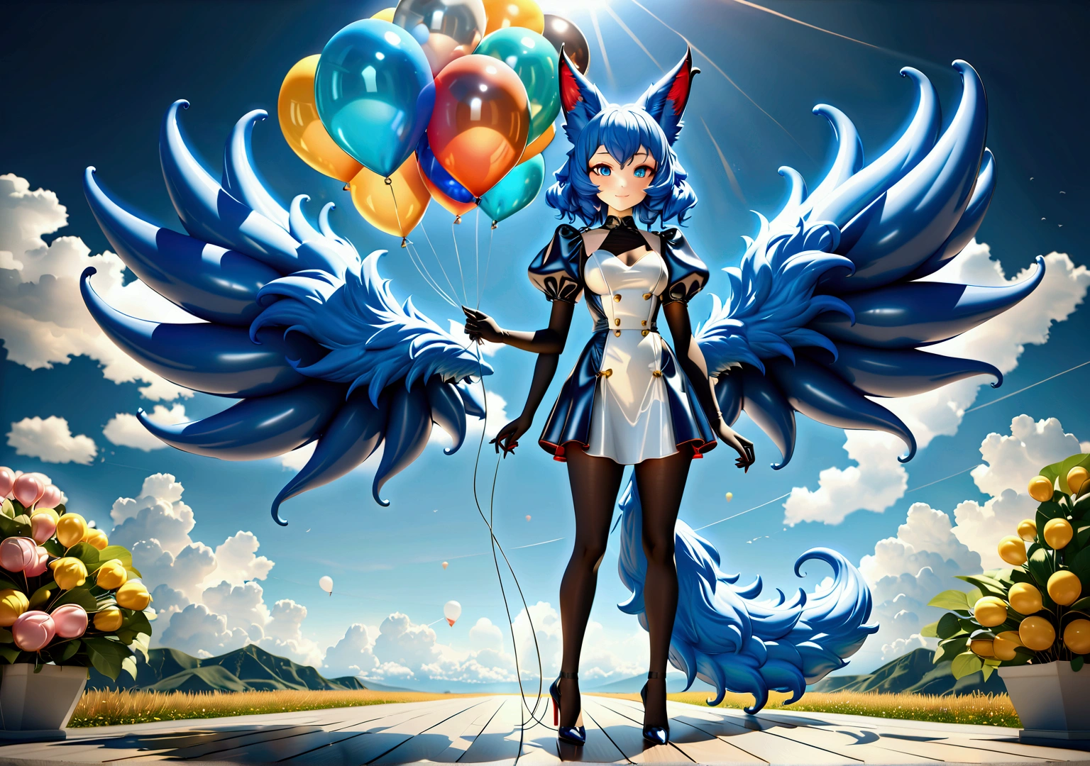 Exquisite furry female balloon fox blue fur nine balloon tail 3d smooth transparent rubber balloon metal dark blue x big devil wings devil horns smooth full body transparent metal white rubber clothes balloon full body picture front