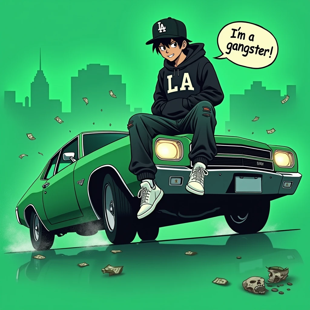 Image of a man sitting on the bonnet of a car, Yoshihiko Wada's album cover, winner of the behance contest, Doodle, official artwork, rap album cover, hip - hop album art cover, colored album art, hip hop music album cover, rap album cover art, official fanart, GTA Cover, hip hop album cover, album art cover, Cartoon character, oriental boy, Running car, Green background, green tea, Deep pressed black LA ball cap, white nike shoes, Black LA Hoodie, Baggy jeans worn down, black neighborhood, Skull, drug, The city seen from behind, korean, white smoke, Headlight light, Troublemakers, Bad boy, A lot of money flying around, Write I'm a gangster like a character speech bubble, mischievous expression