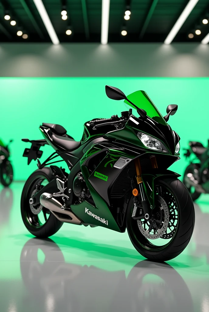 1 kawasaki ninja black green standing in showroom luxury in white light ultra realistic light 8k quality RGB bg
