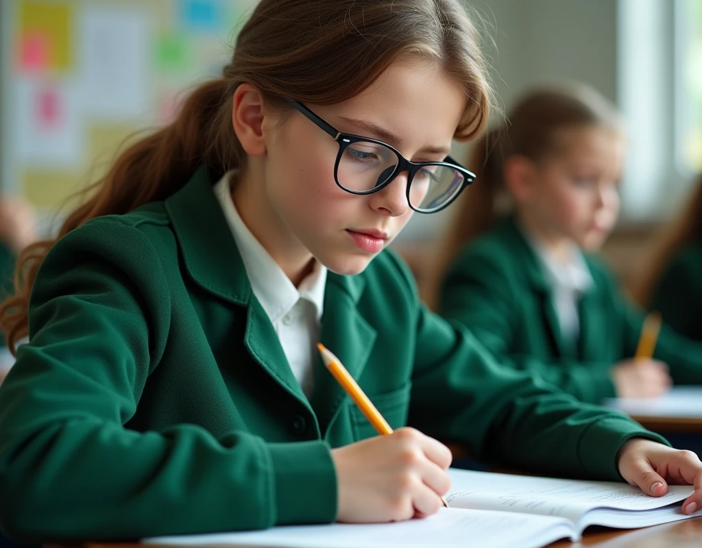 Developing cultural and intellectual skills, education according to the curricula prescribed for students ,  receiving information in the classroom, a close-up picture of a swedish  student with glases wearing a  green uniform  sitting on a school desk, performing school assignments