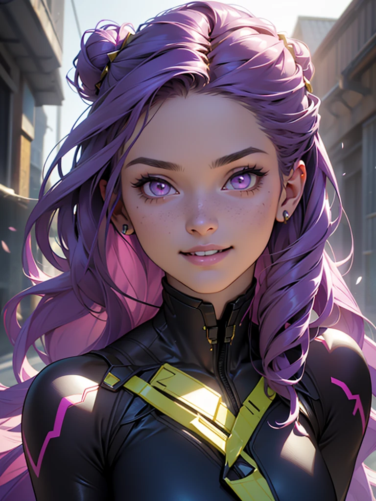 a girl in a hero costume, long flowing purple hair, purple-pink eyes, futuristic tight suit, dark purple and black suit, girl smiling, academy in the background, field for training heroes, other classmates in the background, MHA, beautiful cheerful girl, gold hairpins in her hair, wavy silky hair, pale porcelain skin, (best quality,4k,8k,highres,masterpiece:1.2),ultra-detailed,(realistic,photorealistic,photo-realistic:1.37),intricate details,cinematic lighting,vibrant colors,dynamic composition,dramatic shadows,volumetric fog,ornate ornaments,glowing energy effects,advanced. The girl is calm. Full-length. High detail. Well-developed detailing of the face. Attention to detail. Very beautiful girl. Slender figure. Hair is gathered into a neat bun at the back of the head, with gold hairpins.