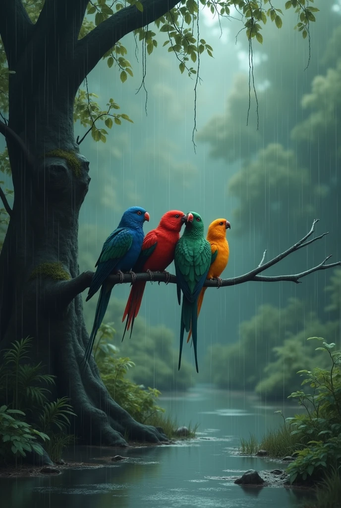Four birds(many colours)on the branch of tree in rainy day in sad moments background is forest tree , bottom of tree water store in many pond 