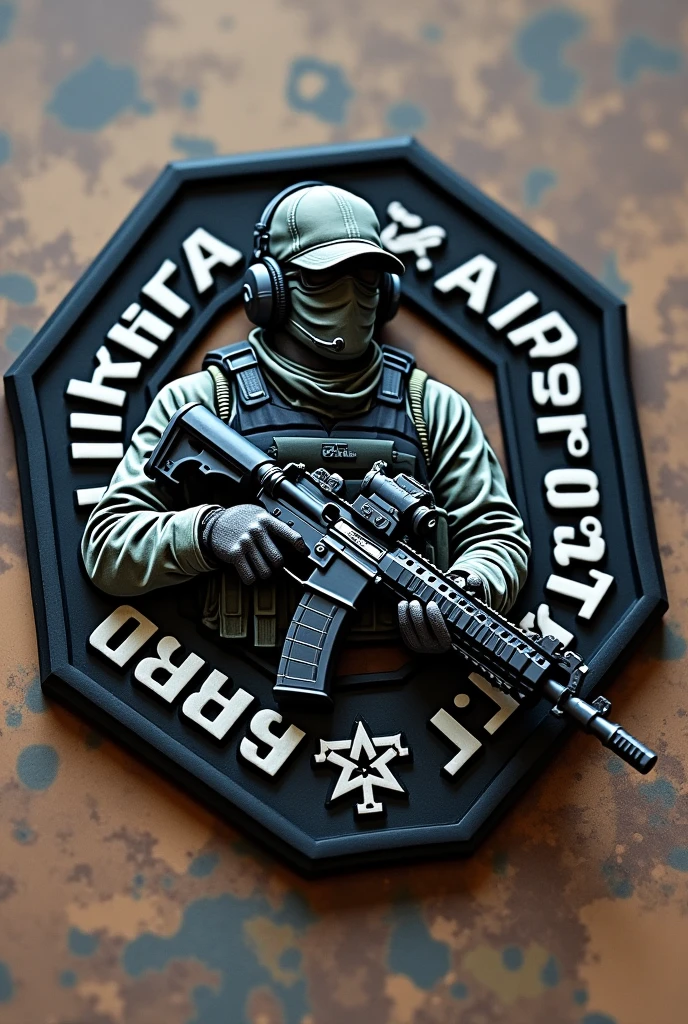 Create Hexagonal Rubber Patch, military coat of arms with an assault operator carrying an m4 rifle wearing a cap and headphones in the center and the name Lukinha Airsoft