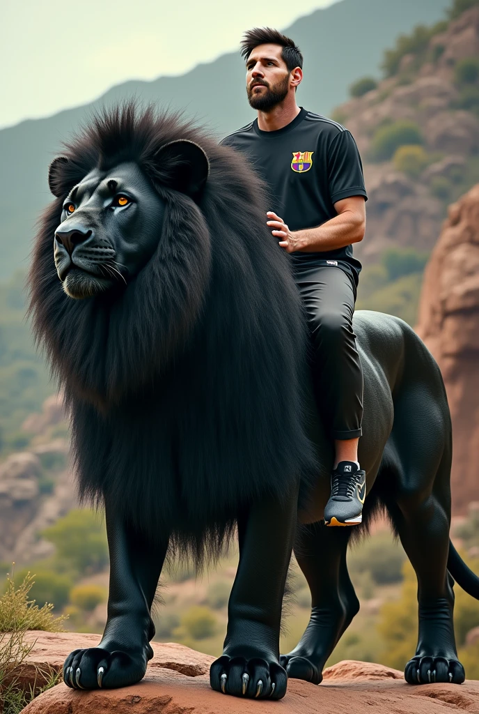 Messi sitting on a lion.The black lion was standing.