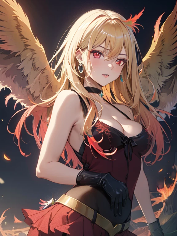 (Phoenix:1.5), Phoenix, Phoenix, Kitagawa Marine, One girl, Blonde Hair, Long Hair, Multicolored Hair, Red eyes, jewelry, Earrings, Earrings, Black choker, uhd, retina, masterpiece, ccurate, anatomically correct, textured skin, super detail, high details, high quality, best quality, highres, 4K