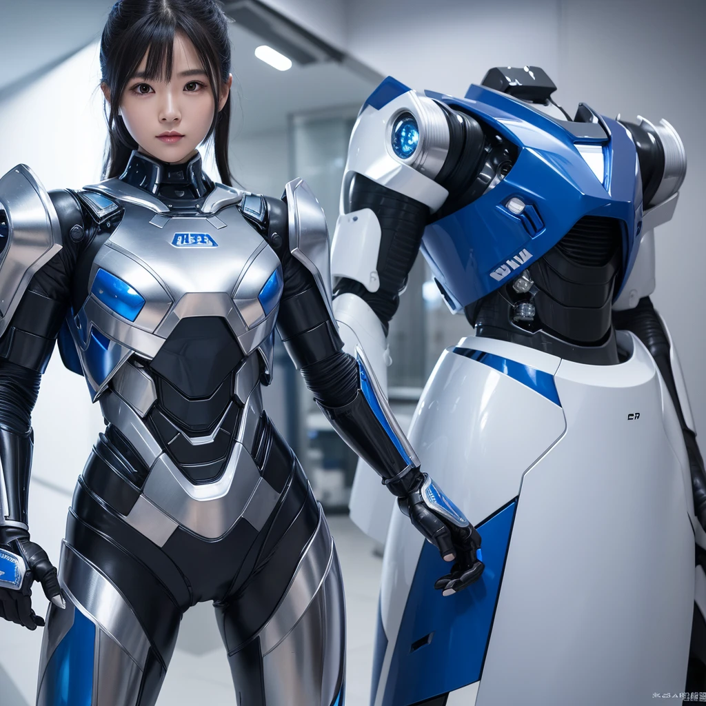 Highest quality，masterpiece，Ultra-high resolution, Very detailed, 8k，Beautiful 2 Japanese woman:1.5，Black Hair、 (Silver and blue robot suit, Plump, Slightly thicker)