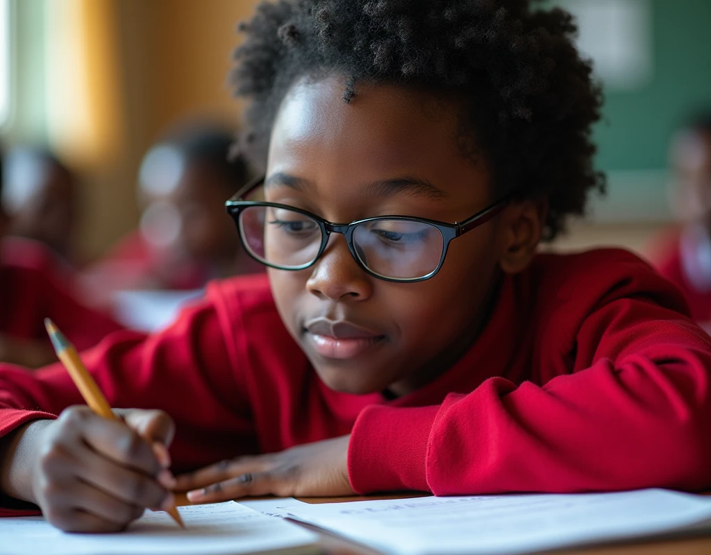 Developing cultural and intellectual skills, education according to the curricula prescribed for students , receiving information in the classroom, a close-up picture of a african student with glases wearing a red uniform sitting on a school desk, performing school assignments