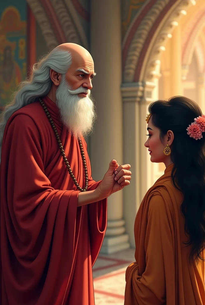 Create an image of an elderly priest in the temple, wearing Indian Hindu traditional priestly red robes. He raises a hand slightly, interrupting the conversation between Veer and Aastha (husband and wife). His expression is patient but firm, indicating his deep religious faith and commitment to the rituals being performed. He was angry on husband and wife. He is wearing hindu mala not plus sign....baba ke chehre par gussa hona chahiye...