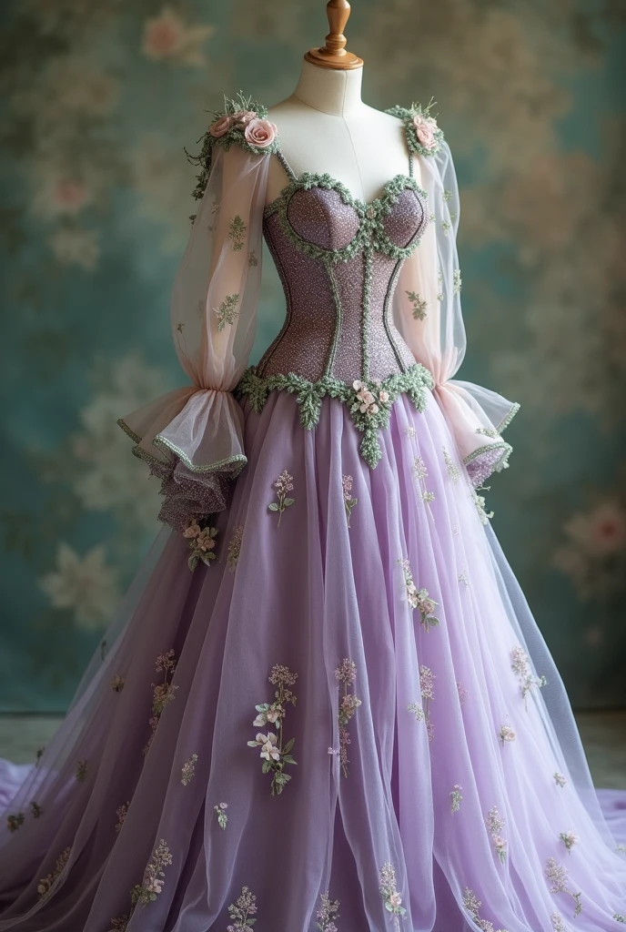 A dusty purple tulle wedding dress with glitter and sage green accents like flowers and leaves with long tulle sleeves that are slightly poofy and a sparkley corset