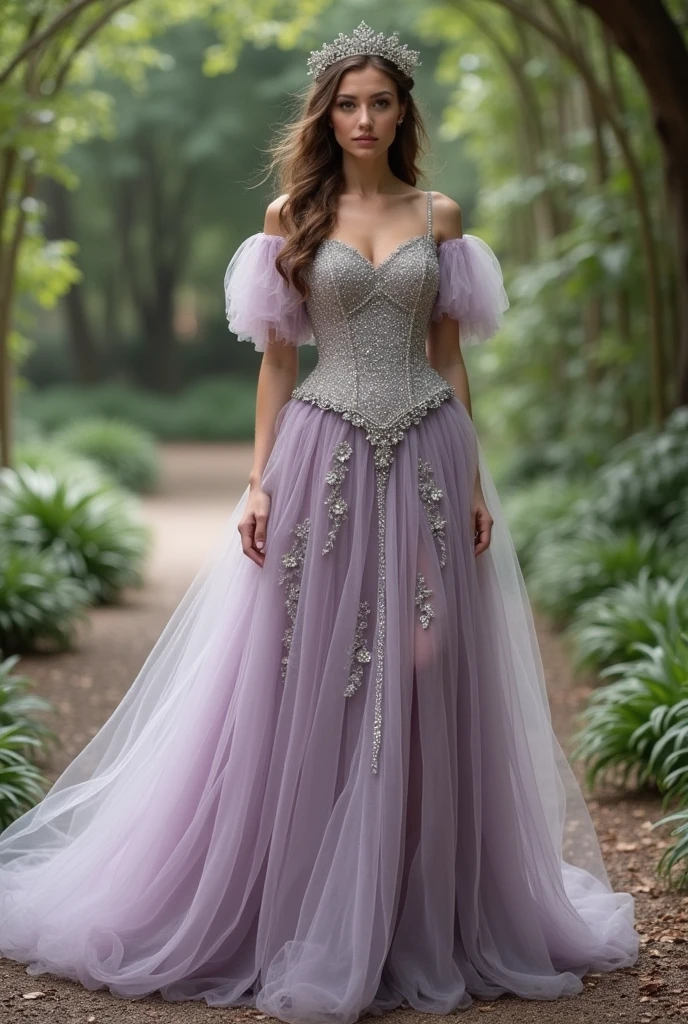A dusty purple tulle wedding dress with glitter and sage green accents like flowers and leaves with long tulle sleeves that are slightly poofy and a sparkley corset