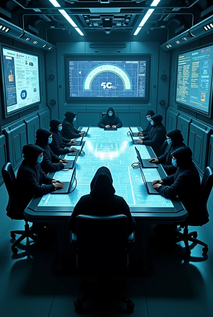 In a hi-tech room . In which room is full of technology where a large screen table and its four side has minimum 8 black hat Hackers . In very high quality clear image
