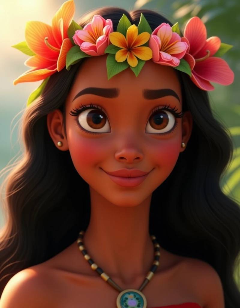 a close up of a person in a costume, moana, animated movie still, 🌺 cgsociety, maui, as a pixar character, depicted as a pixar character, disney pixar movie still, film art of character design, flower queen, she has a crown of flowers, movie screenshot, dreamworks animated bjork, queen of flowers, animated film kubo