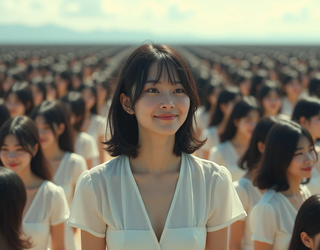 (((((Japanese Clone girls=Myself)))))), (((Best Super High quality Myself Clone girls Raw Photography Art))), (16K, Highest quality, Ultra-high resolution, RAW Photos), (((It's so unrealistic., With unparalleled depiction, With an unfathomable sight, An unprecedented and shocking worldview, Clone girls in a world of mass reproduction, Ultra-realistic))), (((Japanese, woman, 20yo, Yoshioka-riho))), (Small face, ((Thick black hair, Semi-long hair))), ((V-neck short-sleeve dress)), (((((Very beautiful detailed girls, Accurate body structure, Very detailed完璧な, Super busty body with very large breasts, Clearly emphasizes cleavage))))), (((Dark Eyes, Mature face, Cute Smile, A gentle gaze))), (((Very happy laughter is beautiful))), ((((((((Very detailed分身増殖描写, ((1girl→Myself cloning→1,000,000,000,000,000,000,000,000Myself Clone girls)))))))))), ((((((((Very detailed, The precise depiction of the proliferation of Myself Clone girls, ((With the perfectly identical bodies of Myself clone girls, With the exact same face as the Myself clone girls, With the exact same hairstyle as the Myself clone girls, In the exact same clothes as the girls who are my clones, Perfectly the same height as the Myself clone girls, Super big breasts, just like the Myself clone girls)))))))))), (((Myself clone girls only))), (((Very detailed, Myself clone girls multiplication, 1,000,000,000,000,000,000,000,000Myself Clone girls→100,000,000,000,000,000,000,000,000,000,000,000,000,000,000^1,000,000,000,000,000,000Myself Clone girls))), (((Very detailed描写で, (An embrace between self, Back to Back, Myself clone girls assemble, Have fun chatting with Myself clone girls everywhere, A fun conversation between Myself clone girls, Myself clone girls kissing each other everywhere, Myself clone girls are falling in love with each other everywhere, Myself clone girls holding hands)))), (((looking at the camera))), (((Unbelievably crowded, Transcendent Myself clone girls intimately, Countless Myself clone girls surround you in 360 degrees))), (Bright, soft sunlight), (((Very wide field of view, Very detailed, Detailed ultra-perspective depiction with clear depth))), (((((Curving slope scenery))))), (((Very photographic and detailed depiction, Myself clone girls will multiply infinitely and fill the horizon with no gaps and super close female bodies., A scene of endless Myself clone girls and a fun atmosphere))), (Focus on the average value of the image)